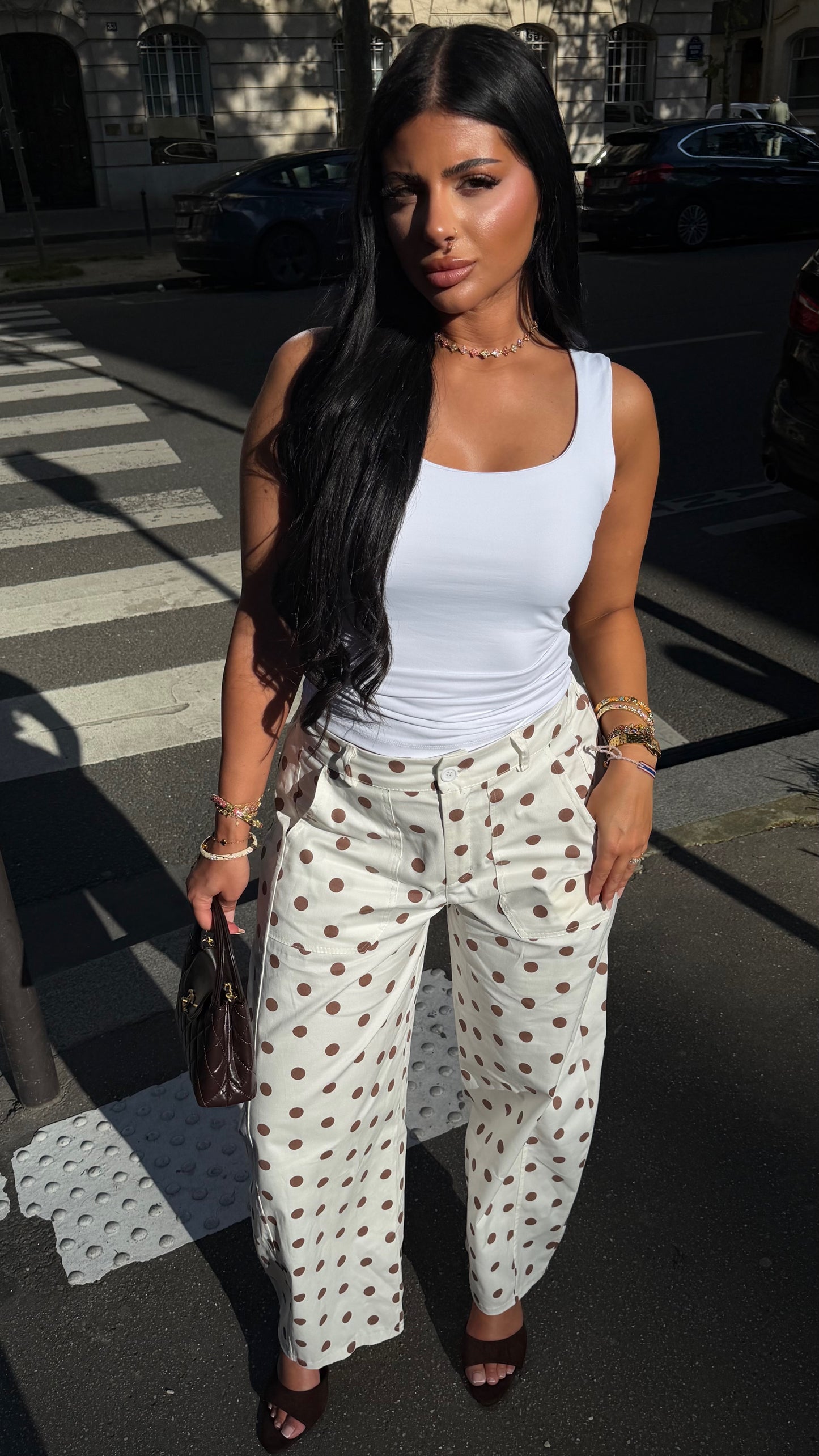 Pantalon Barrel a pois marron