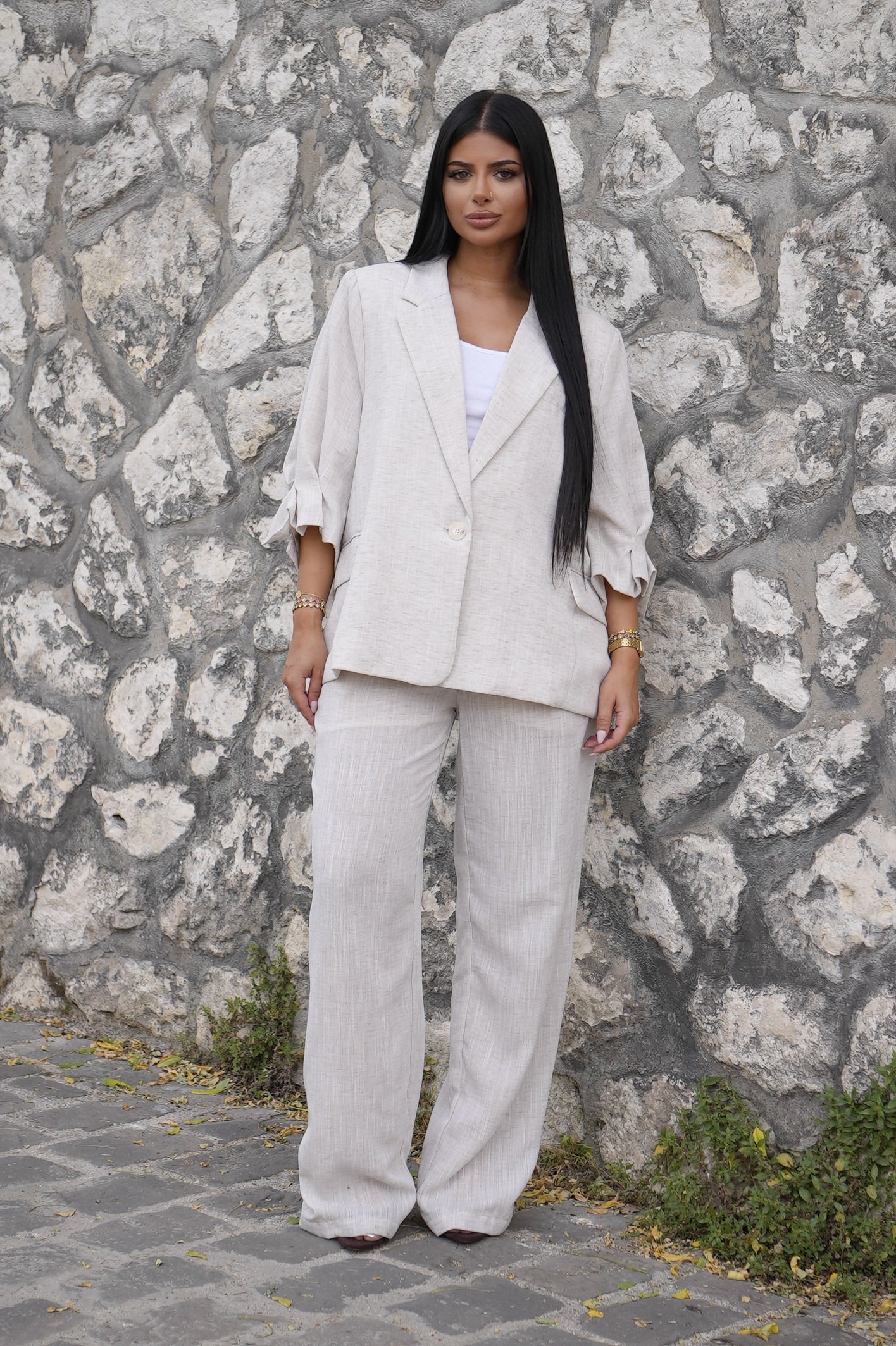 Pantalon effet lin [ Beige]