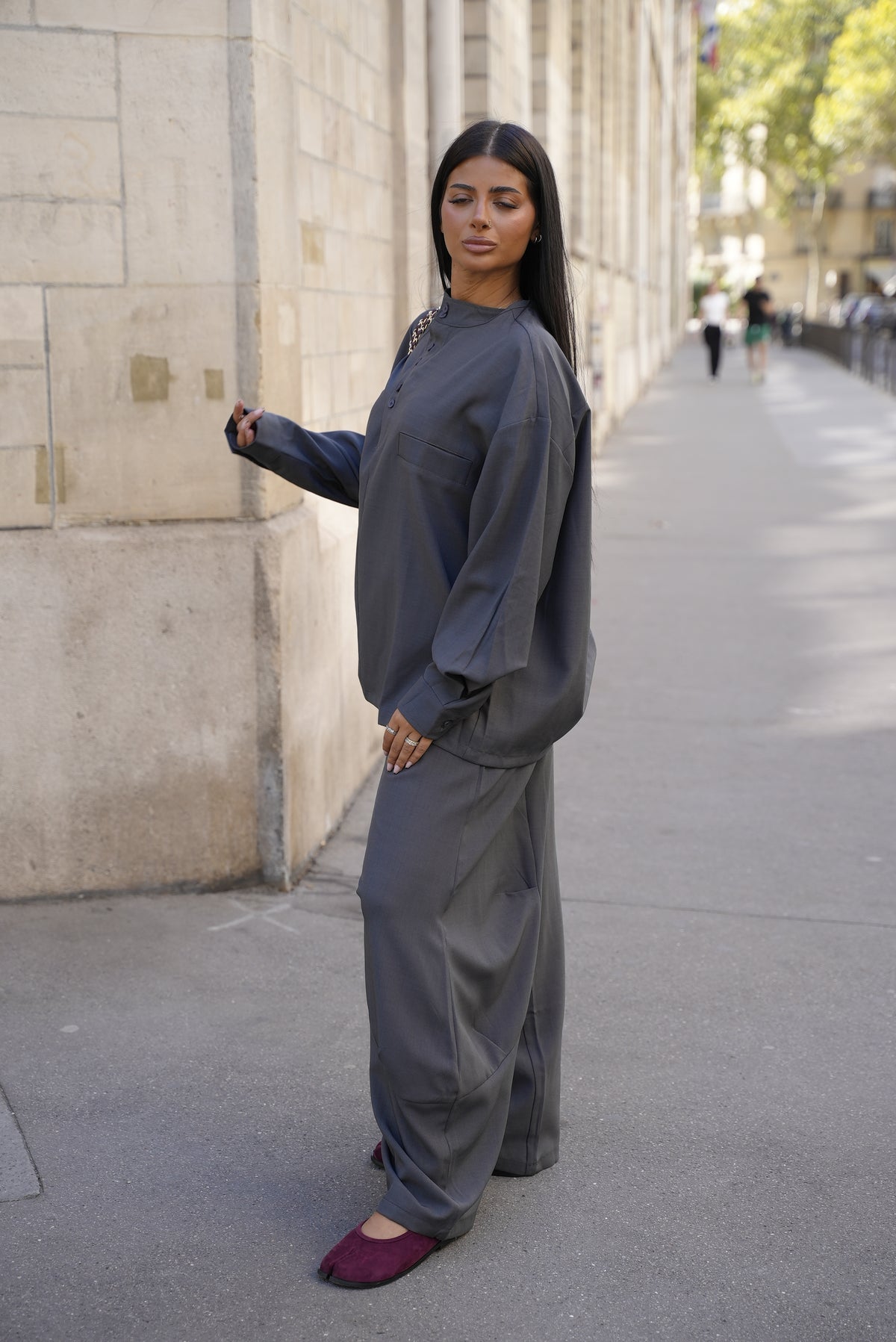 Ensemble oversize col à bouton [ Gris]