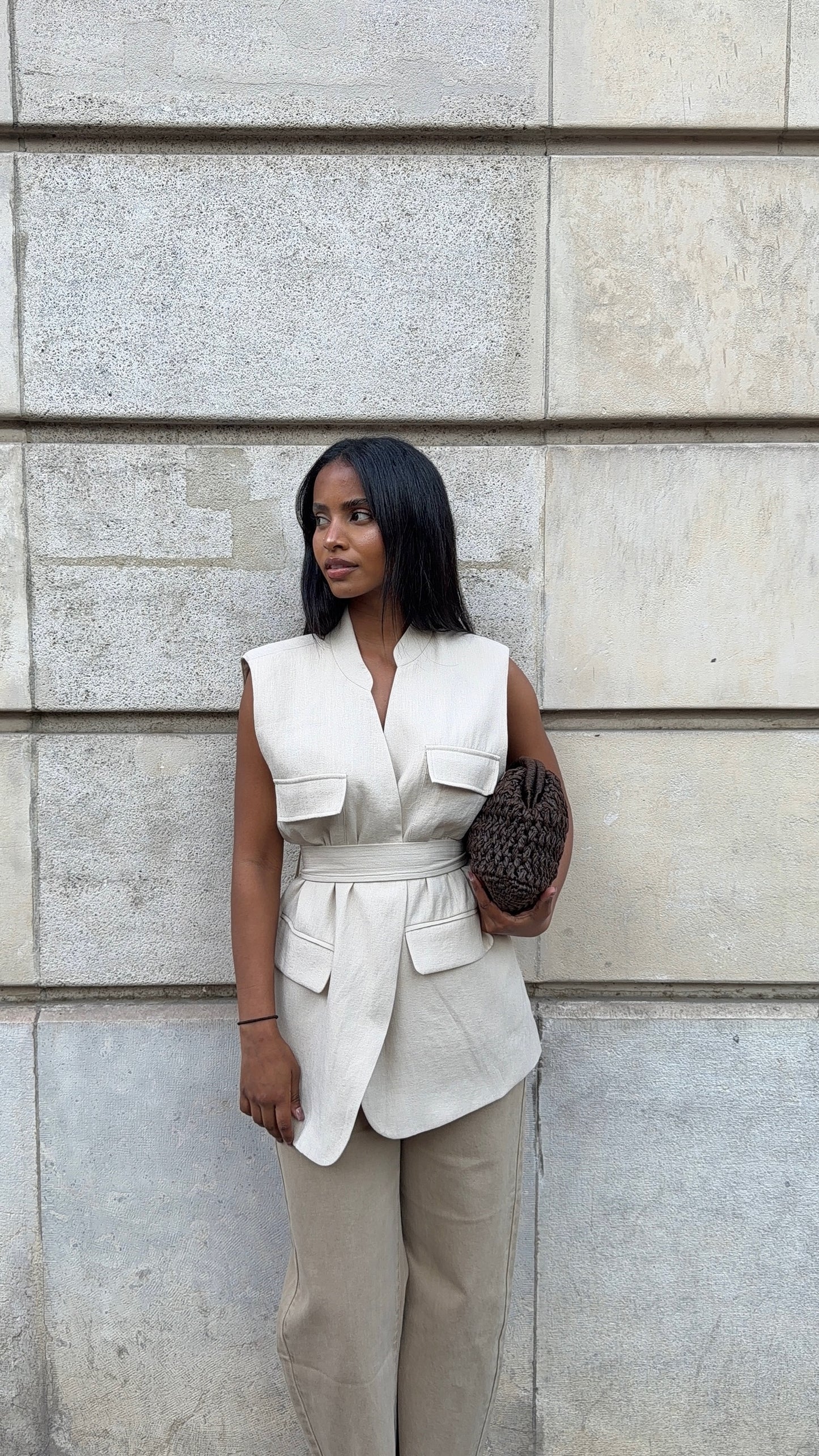Gilet sans manches avec ceinture[ Beige]