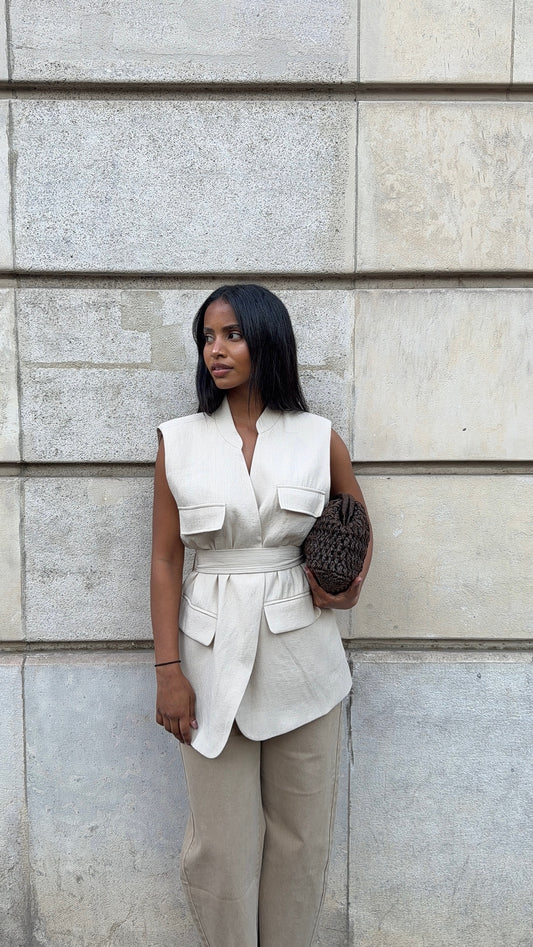 Gilet sans manches avec ceinture[ Beige]