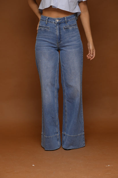 Jean ourlet surpiqué W37 [ Bleu Moyen]