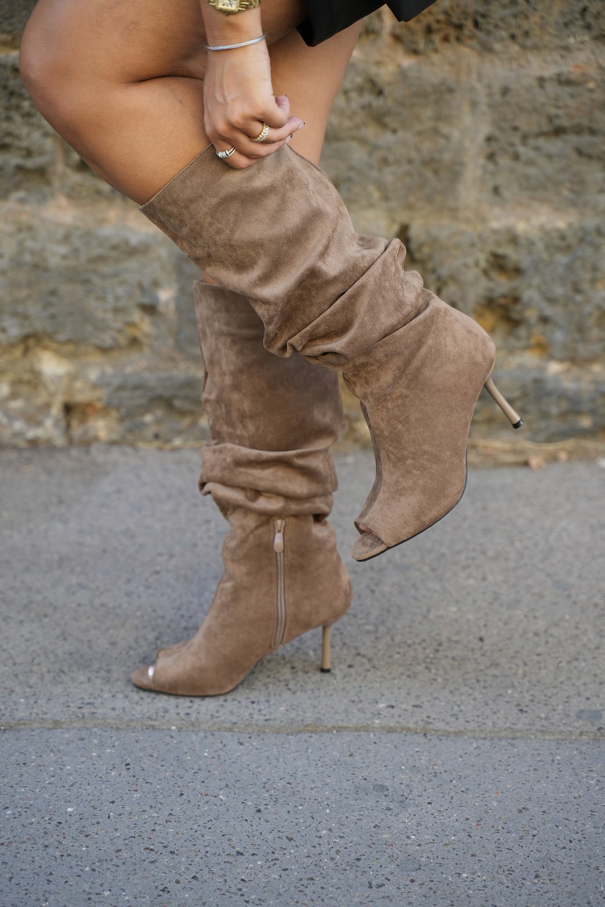Bottes hautes en daim à bout ouvert [ Camel]