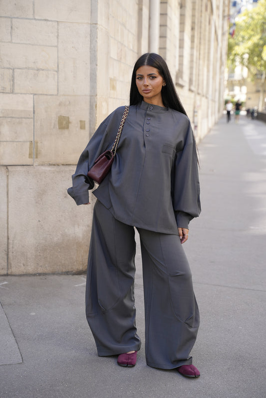 Ensemble oversize col à bouton [ Gris]