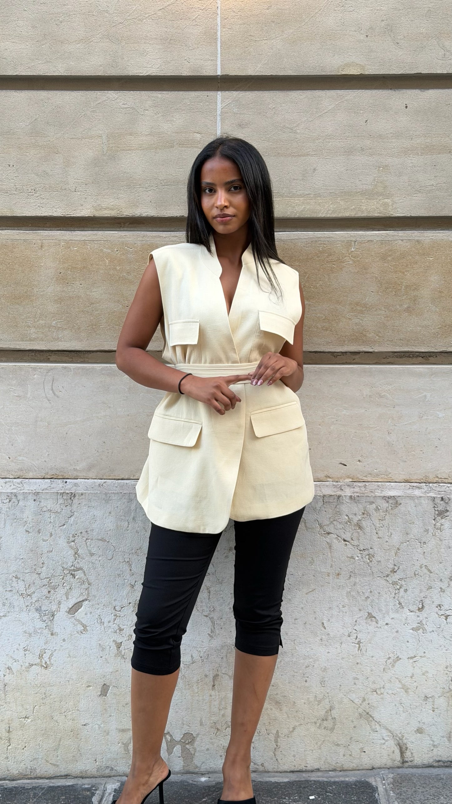 Gilet sans manches avec ceinture[ Jaune beurre]