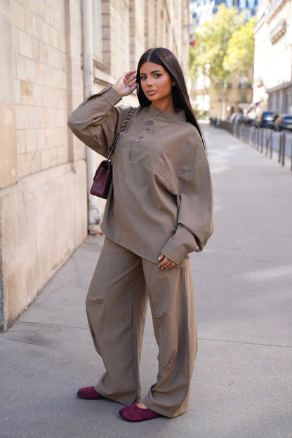 Ensemble oversize col à bouton [ Taupe]