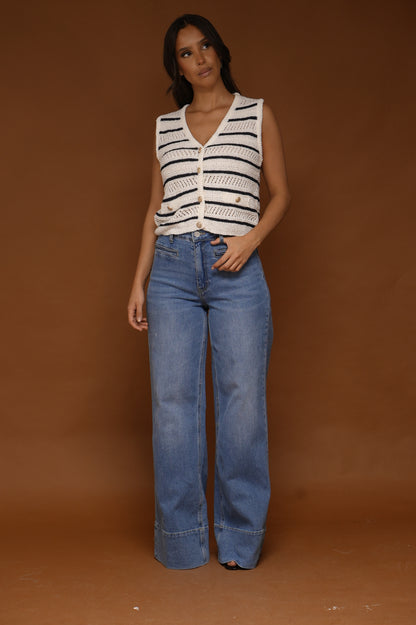 Jean ourlet surpiqué W37 [ Bleu Moyen]