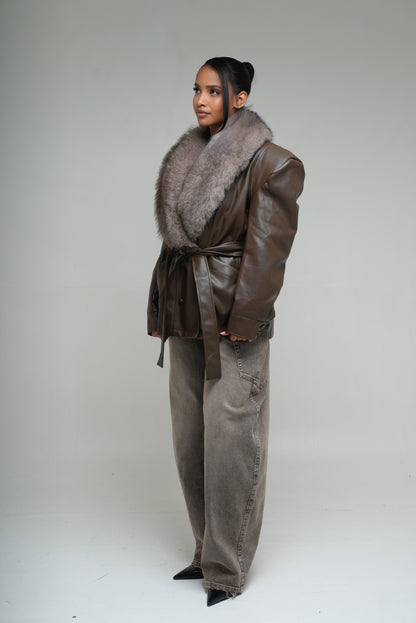 Veste semi cuir fourrure [Marron]