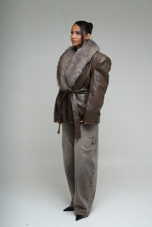 Veste semi cuir fourrure [Marron]