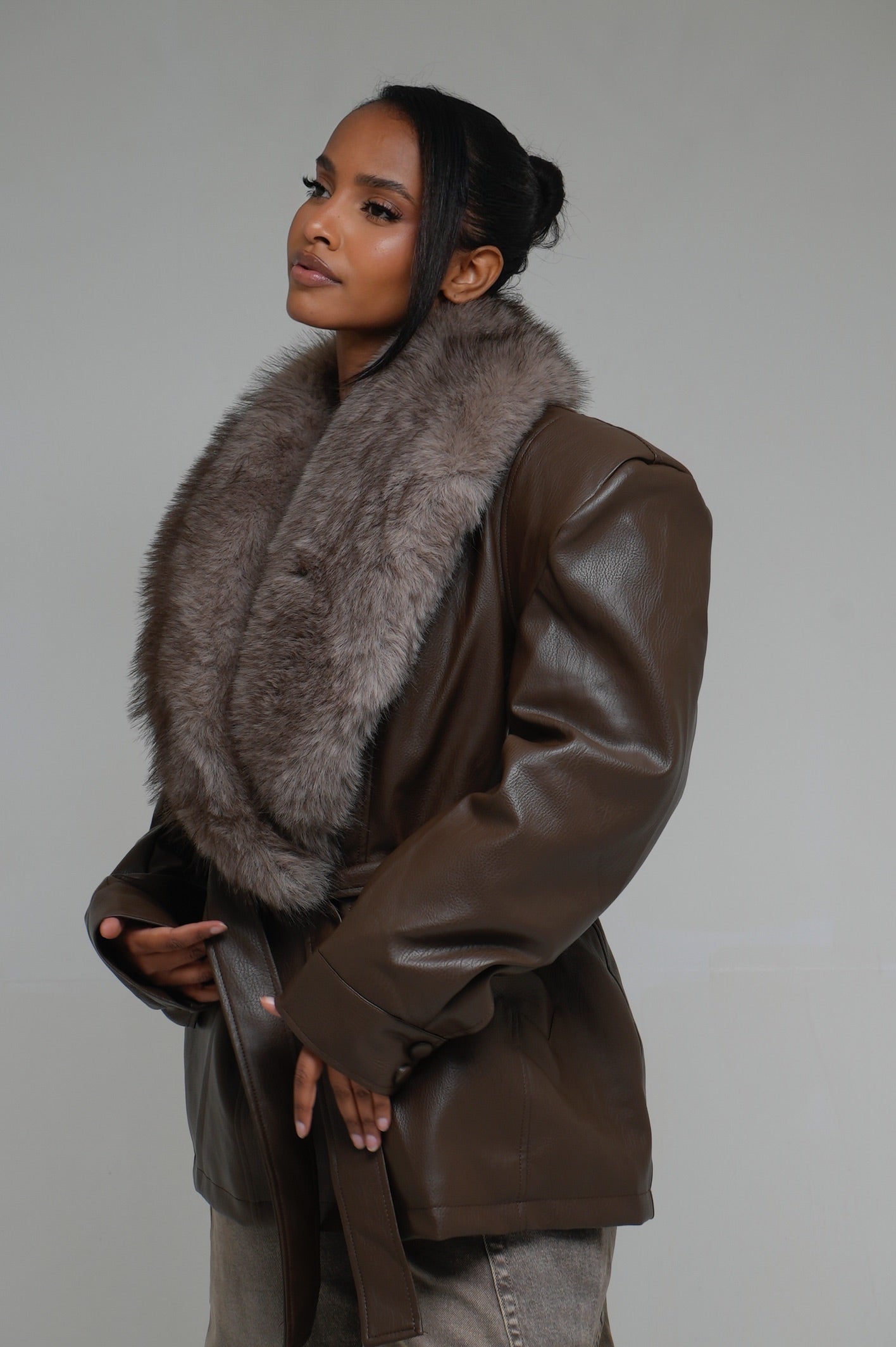 Veste semi cuir fourrure [Marron]