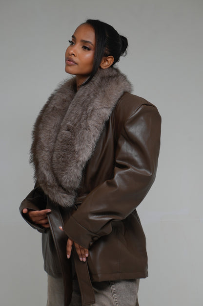 Veste semi cuir fourrure [Marron]