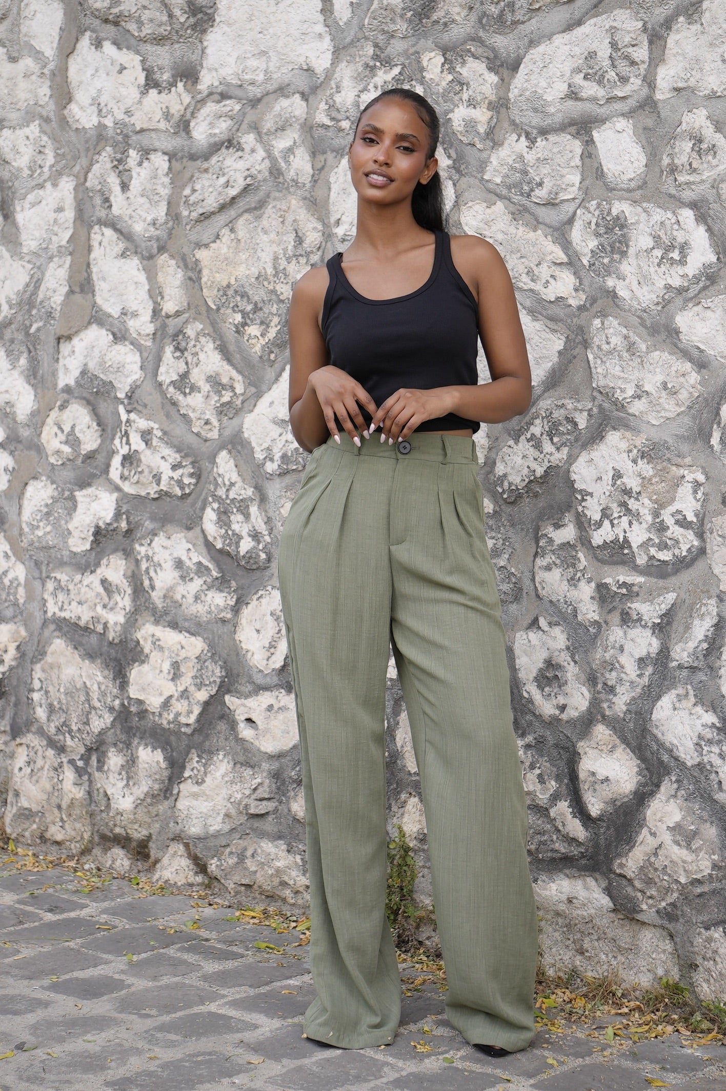 Pantalon effet lin [ Vert]