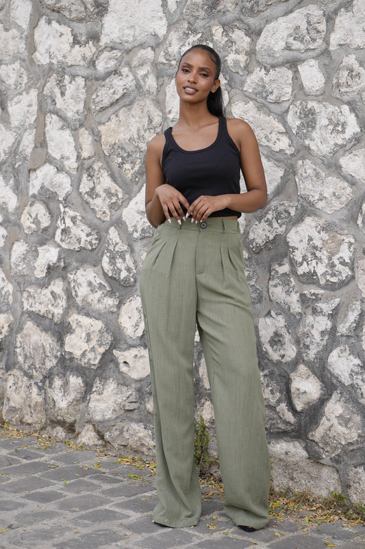 Pantalon effet lin [ Vert]