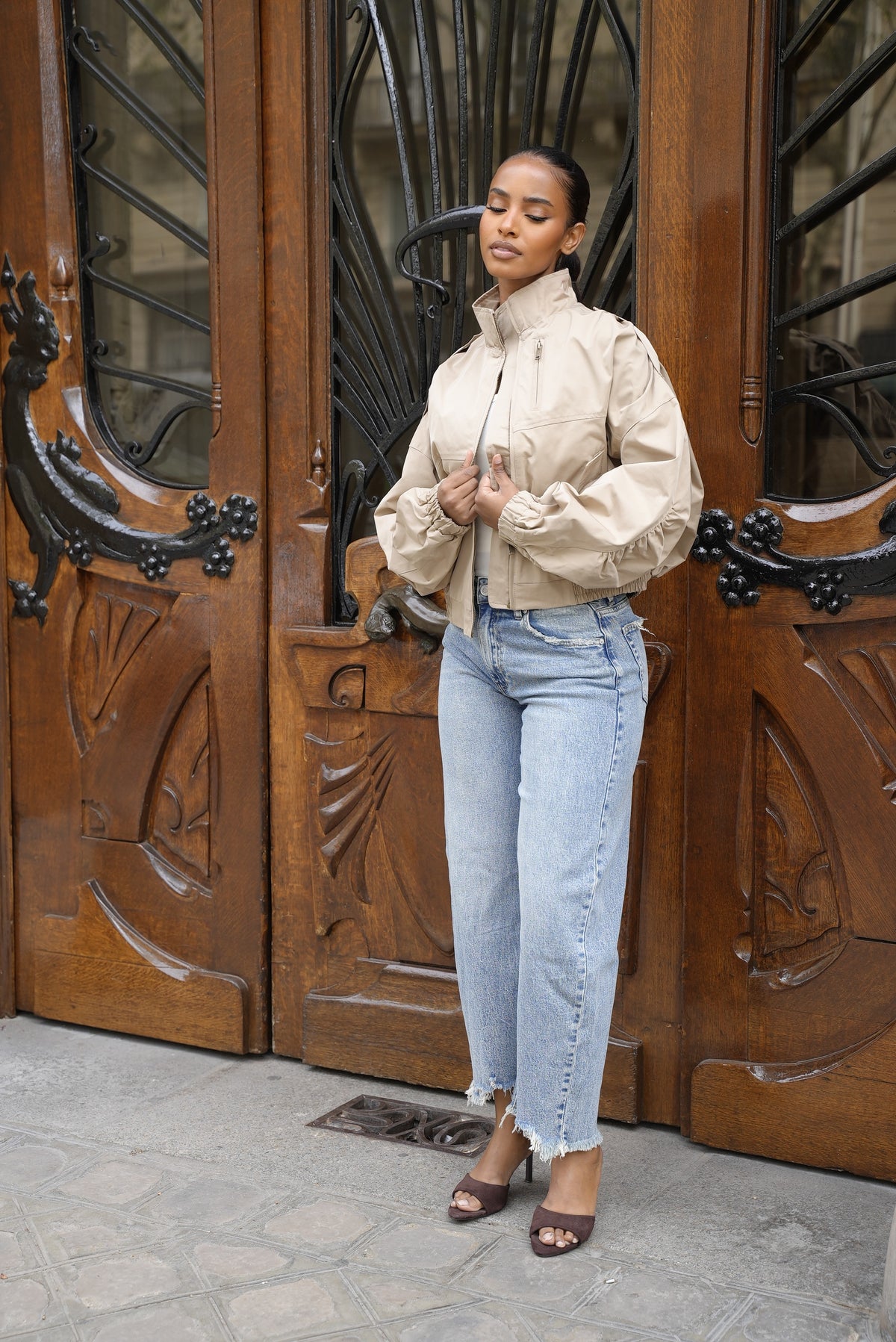 Bombers à manche asymétrique [Beige]