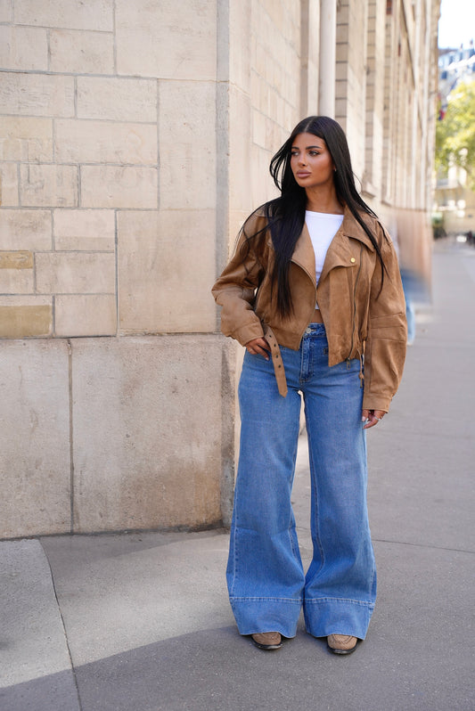 Veste biker en suédine [ Camel ]