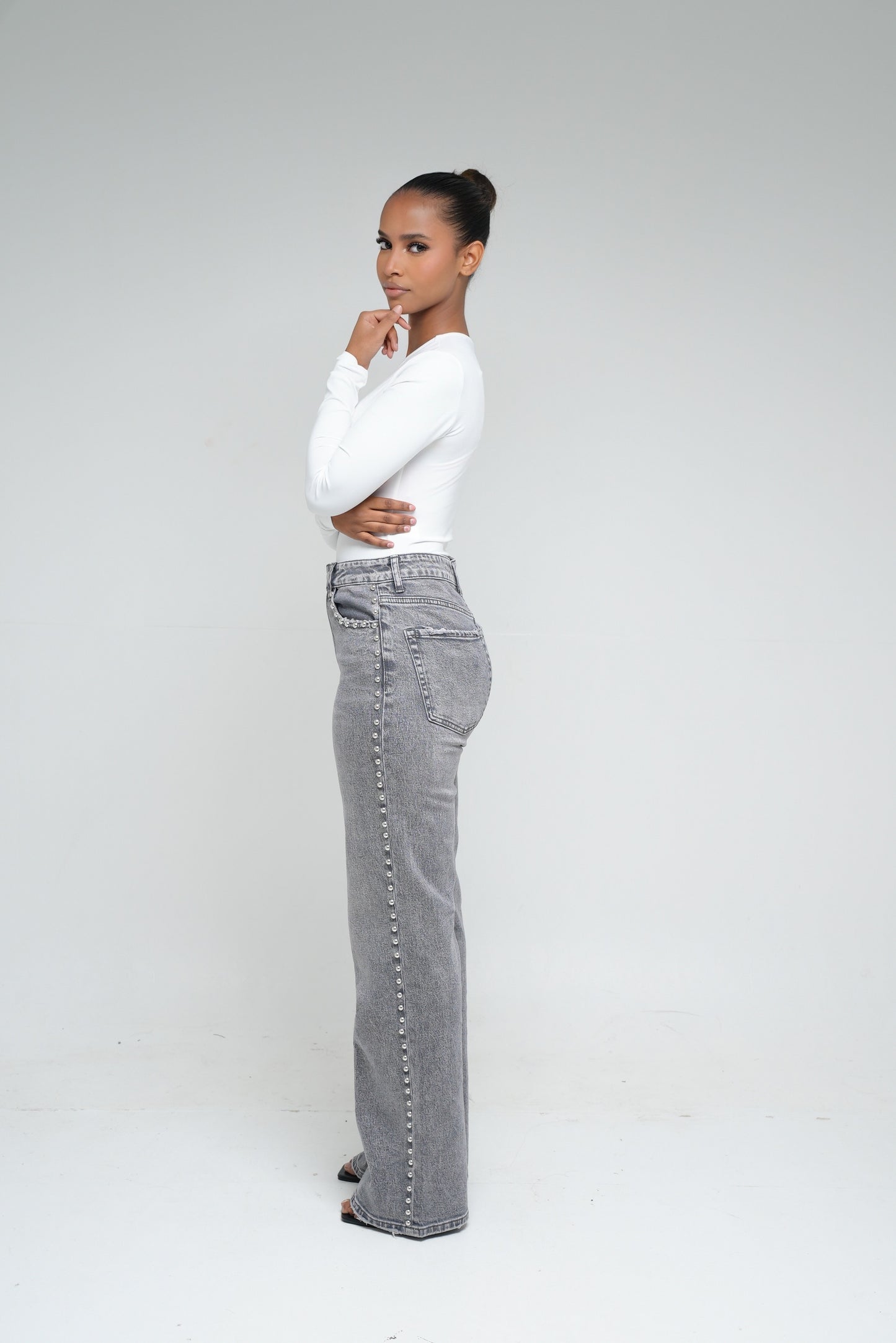 Jean wide leg clouté [ Gris ]