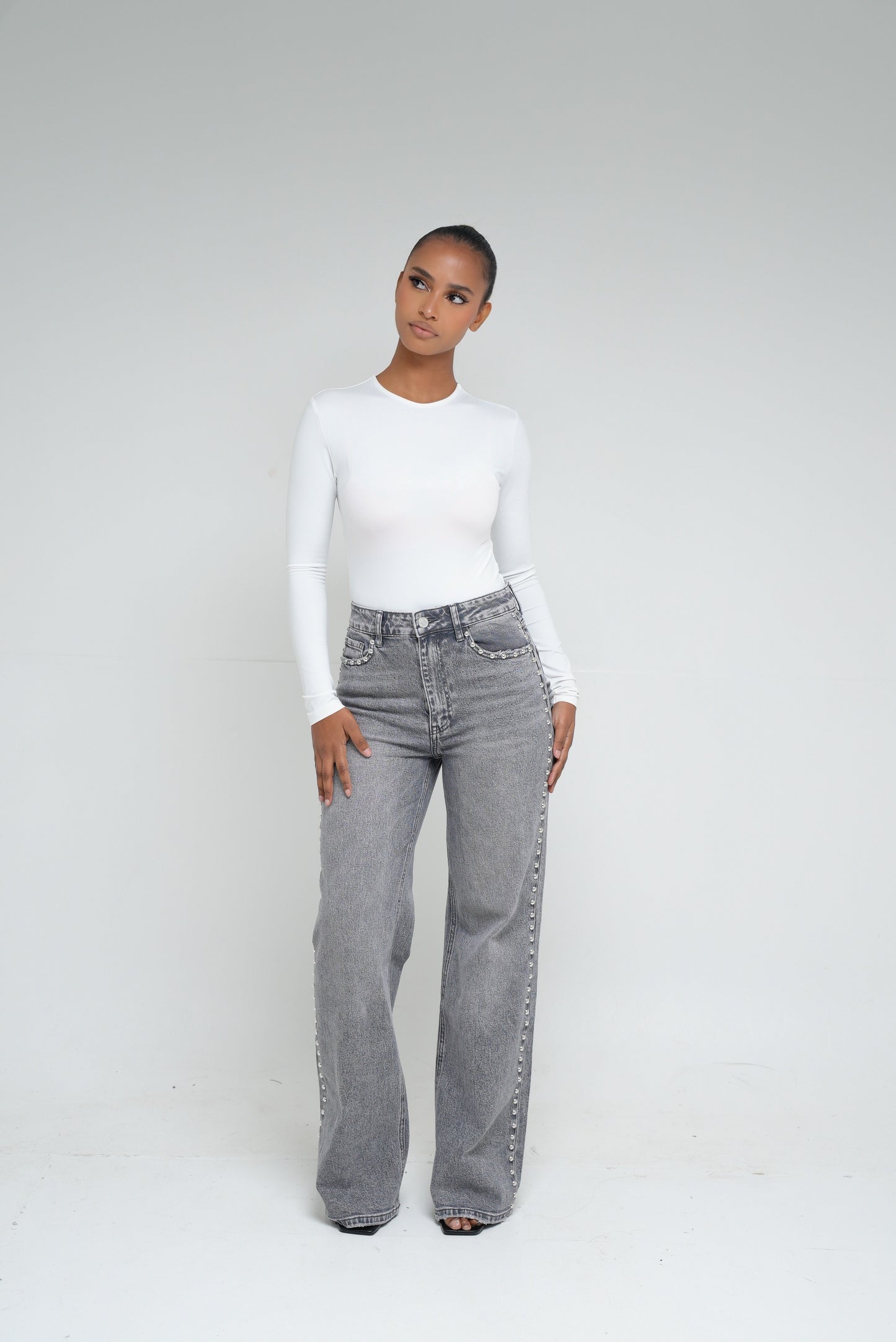 Jean wide leg clouté [ Gris ]