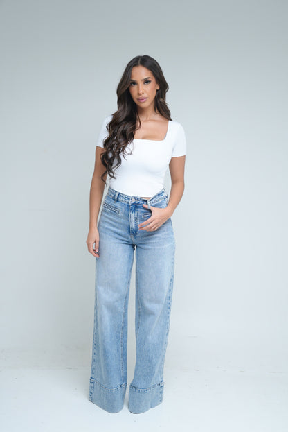 Jean ourlet surpiqué W37-1 [ Bleu clair]