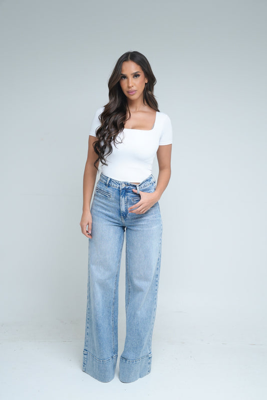 Jean ourlet surpiqué W37-1 [ Bleu clair]