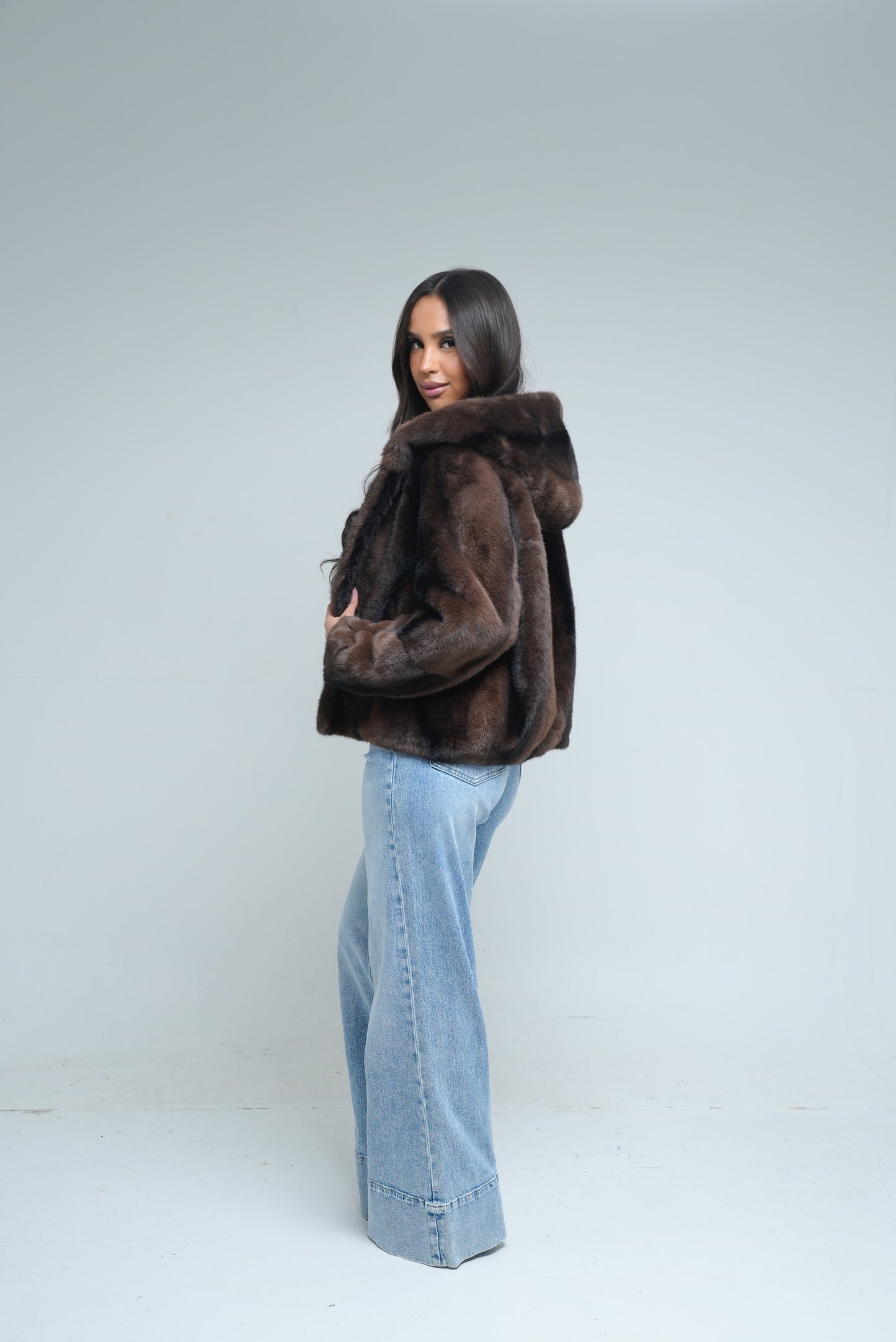 Fourrure vegan à capuche [ Marron]