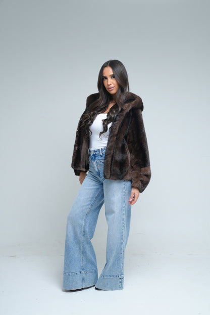 Fourrure vegan à capuche [ Marron]